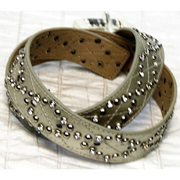 Michael Kors Silver Leather Belt Studded Rhinestones Medium Shiny Chic Fancy - Picture 3 of 11